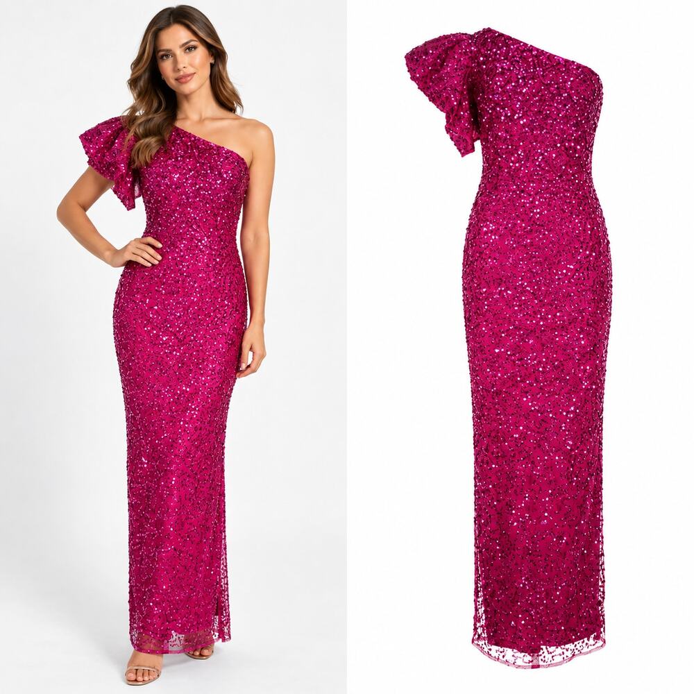 NWT Mac Duggal 6 Pink Sequin Maxi Gown One Shoulder Formal Mother Bride Dress